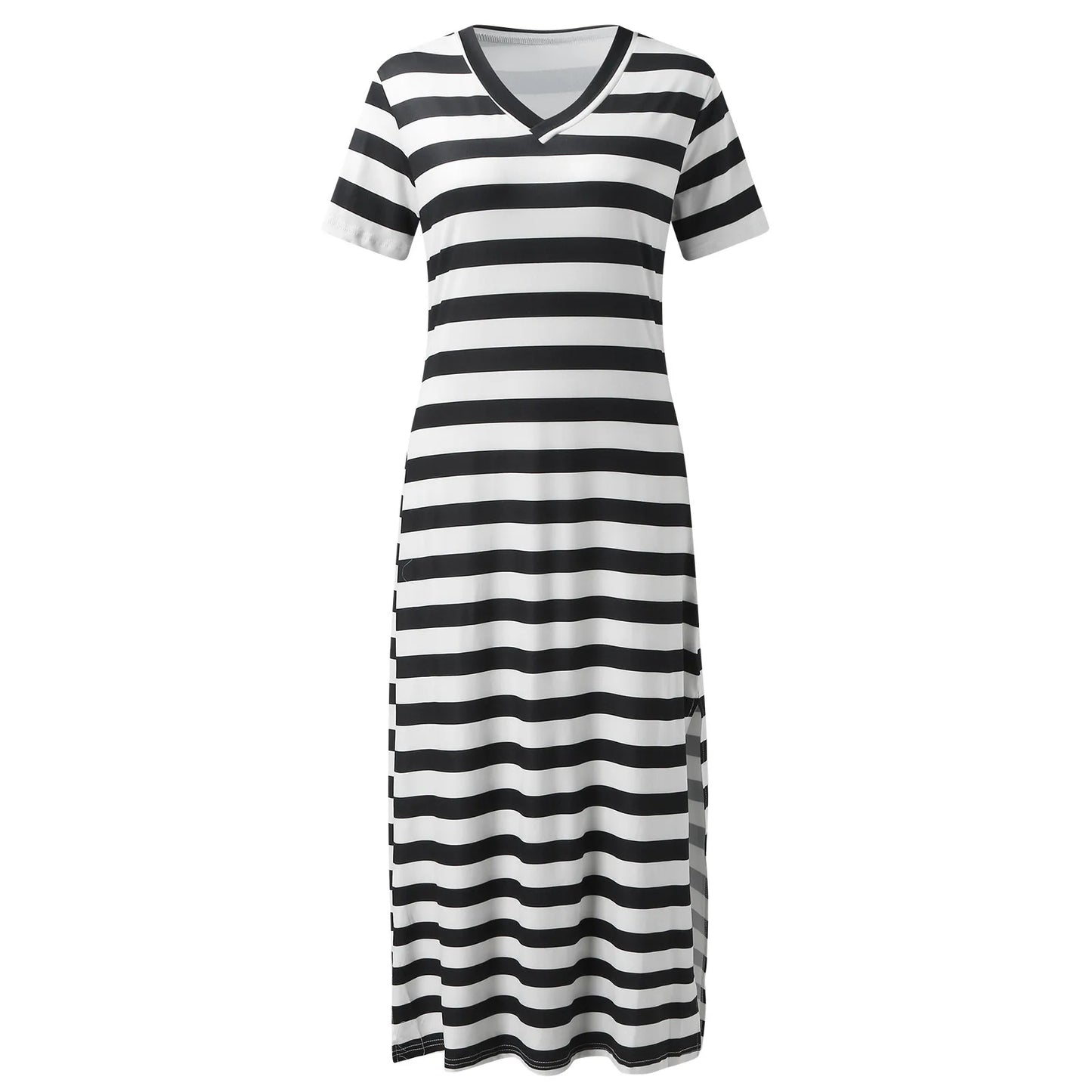 Vestido Longo Listrado com Decote em V: Vibração Eterna - Charme e Conexão