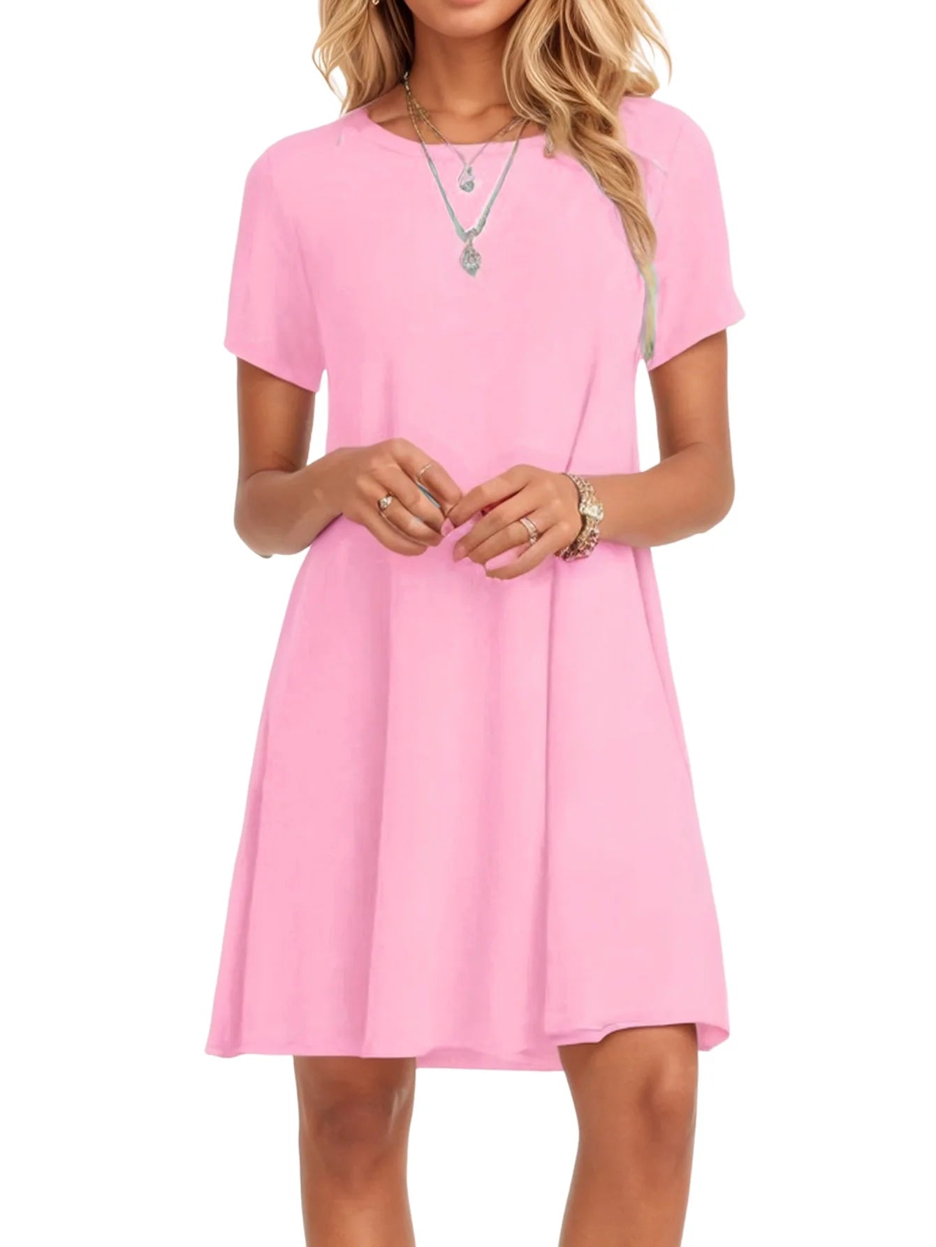 Vestido Básico de Manga Curta com Gola Redonda: Essência Chic - Simplicidade que Encanta